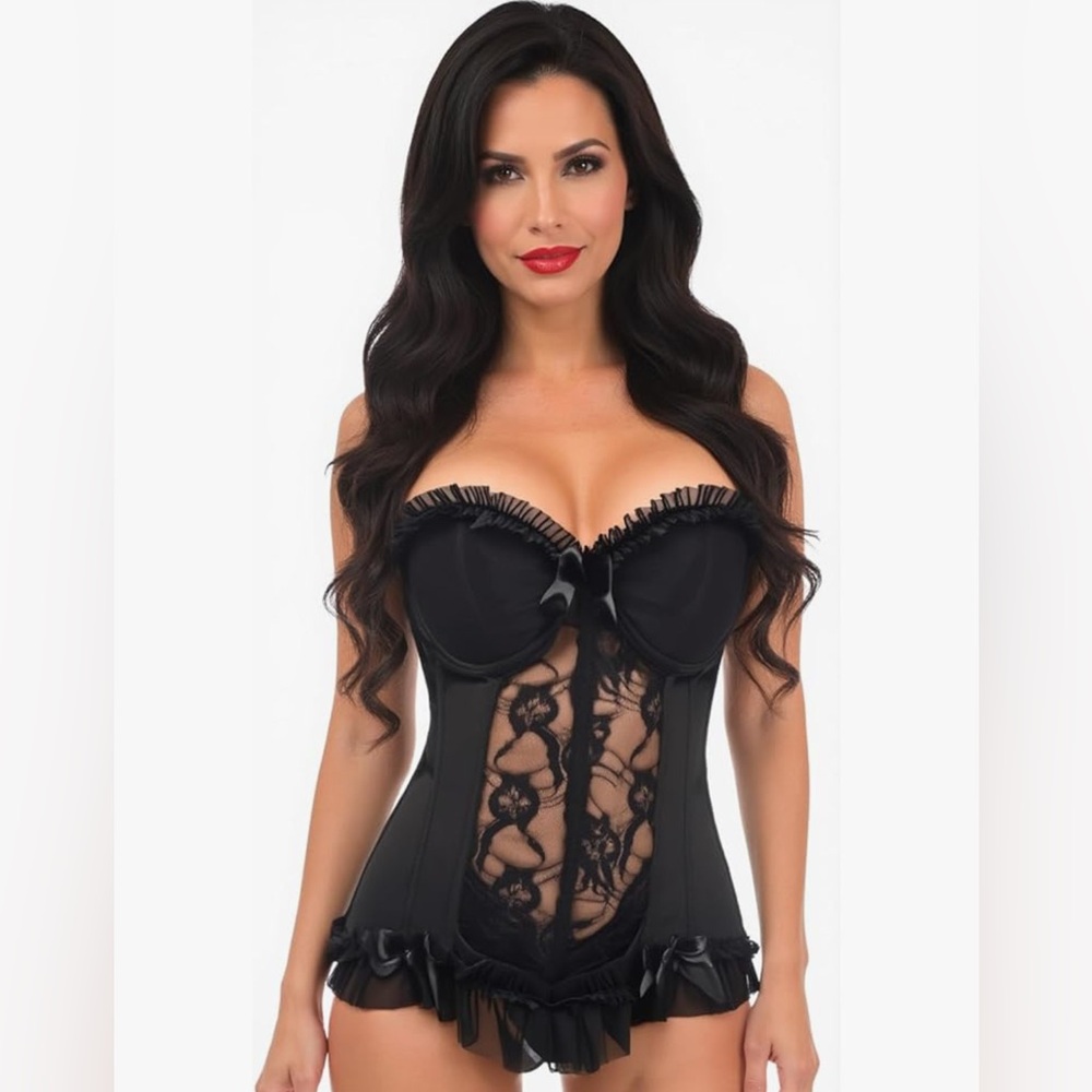 Daisy Corsets Lace Lycra Cincher Bustier Lingerie Hook Eye Black Medium NWT